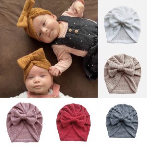 2022 Spring Summer Baby Hat Turban Cute Bows Knitted Baby Girl Hats Beanie Newborn Soft Cotton Solid Color Infant Kids Winter