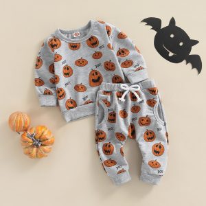 2022-06-13 Lioraitiin 0-3Years Baby Boys Girls Halloween Outfits Long Sleeve O Neck Pumpkin Print Tops Gray Drawstring Pants