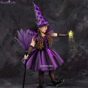 2022 Disguise Witch Costume for Girls Halloween Tutu Knee Dress with Hat Broom Pantyhose Kids Carnival Cosplay Party Outfit Set