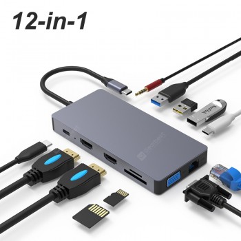 RUNFENGTE 12 in 1 Type-C HUB Docking Station Adapter with USB 3.0  & PD Charging & 4K HD Display & TF Card Reader & Camera Card Reader 4K HDMI VGA